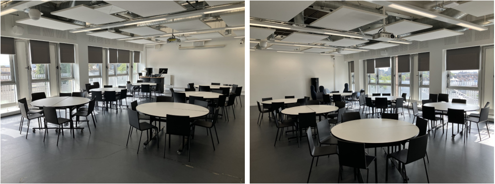 Classroom with tables and chairs.